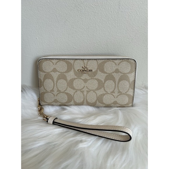 Coach Handbags - Coach Signature Long Zip Around Wallet Light Khaki Chalk Canvas Leather NEW